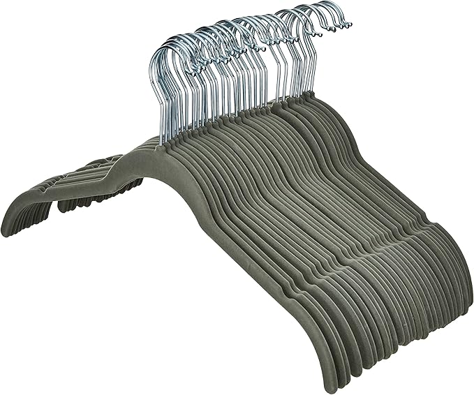Amazon Basics Space Saving Slim Velvet Non-Slip Clothes Hangers for Closet Organization, Gray/Silver, 30-Pack