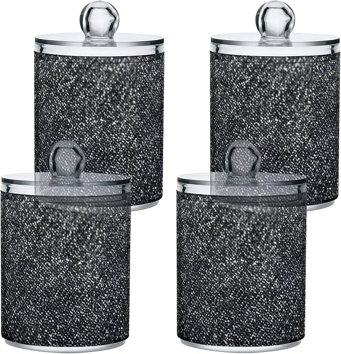 ALAZA 2 Pack Qtip Holder Dispenser Sequin-Black Glitter Bathroom Organizer Canisters for Cotton Balls/Swabs/Pads/Floss,Plastic Apothecary Jars for Vanity