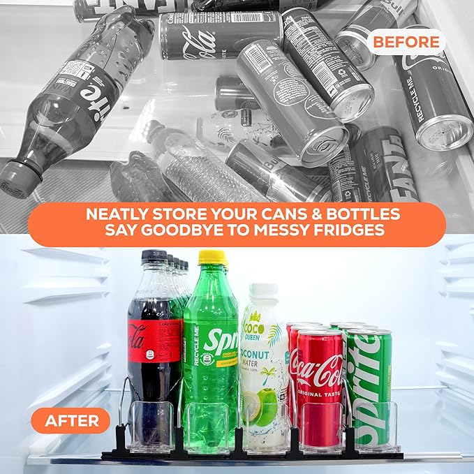 Drink Organizer for Fridge. Upgraded Drink Holder for Fridge with Larger Stopper Height. Width Adjustable Automatic Soda Can Organizer with Lock. Holds 25 Cans (5 Rows, Black)