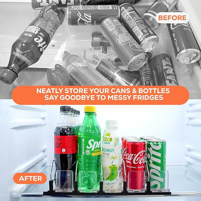 Drink Organizer for Fridge. Upgraded Drink Holder for Fridge with Larger Stopper Height. Width Adjustable Automatic Soda Can Organizer with Lock. Holds 25 Cans (5 Rows, Black)