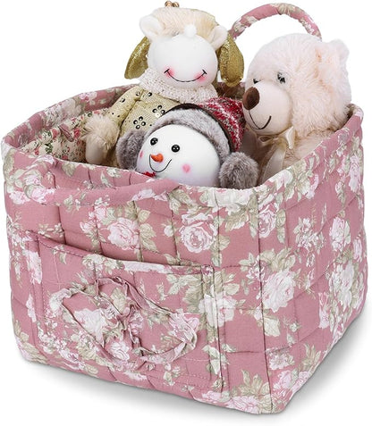Storage Basket Boho Fabric Large Collapsible Floral Laundry Nursery Hamper Portable Folding Storage for Clothes Toys (Pink)