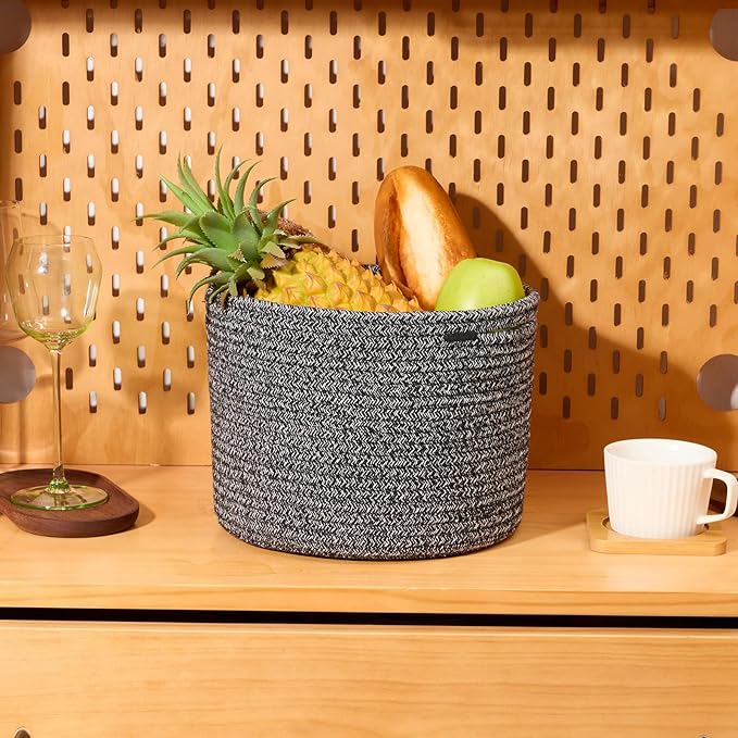 MiniArk Small Basket for Organizing | Cube Shelf Closet Storage Baskets | 9.7×9.7×7.1” | Woven Rope Gift Basket | Nursery | Round 3 Packs Dark Gray