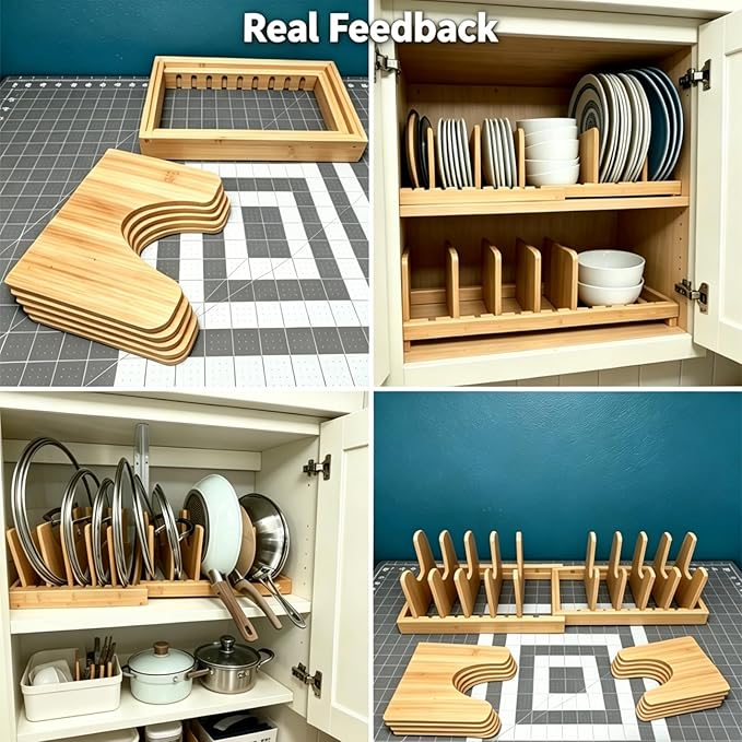 Expandable Bamboo Pot and Pan Organizer Under Cabinet, 2-in-1 Kitchen Pot and Lid Organizer with Adjustable 10 Dividers, Non-Slip Base for Pot Lids Holder, Cutting Board Organizers for Kitchen Storage