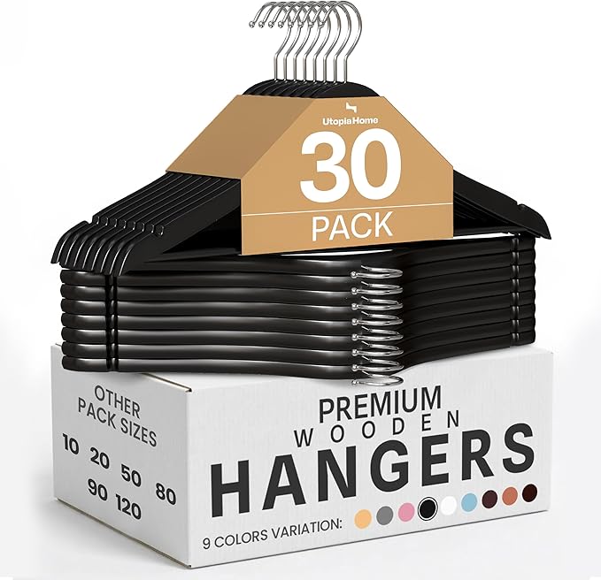 Utopia Home Premium Wooden Hangers 30 Pack - Durable & Slim Coat Hanger - Suit Hangers with 360-Degree Rotatable Hook - Wood Hangers with Shoulder Grooves (Black)