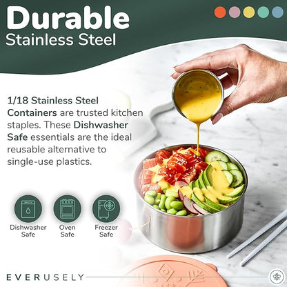 Everusely - Stainless Steel Containers with Lids - Set of 5, Bright Collection - Leakproof Stainless Steel Food Containers - Nesting Snack Holders - Metal Lunch Box - Portable & Reusable Meal Kit