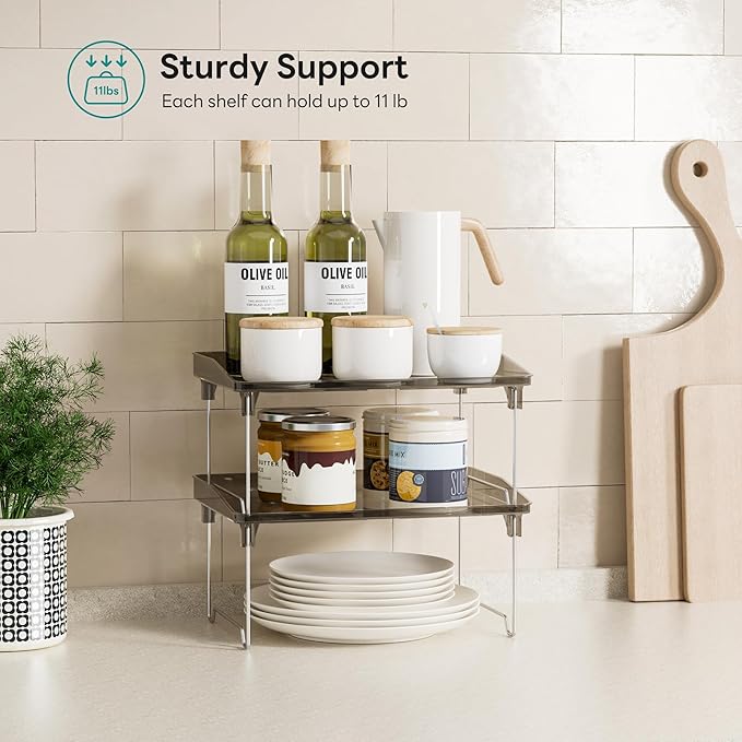 STARLATTA 2 Pcs Cabinet Organizer Shelf，Stackable Kitchen Counter Shelves, Spice Rack,Countertop Organizers，Black Plastic Storage Shelves Rack for Makeup，Bathroom, Cupboard，Desk，Pantry Organization