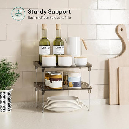 STARLATTA 2 Pcs Cabinet Organizer Shelf，Stackable Kitchen Counter Shelves, Spice Rack,Countertop Organizers，Black Plastic Storage Shelves Rack for Makeup，Bathroom, Cupboard，Desk，Pantry Organization