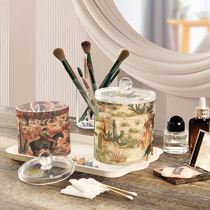 2 Pack Qtip Dispenser Apothecary Jars with Lids Cotton Round Holder Bathroom Canisters for Cotton Swab Floss Ball Pads Clear Plastic Decorative Cowboys Horses Cactus Desert
