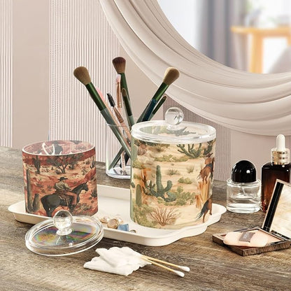 2 Pack Qtip Dispenser Apothecary Jars with Lids Cotton Round Holder Bathroom Canisters for Cotton Swab Floss Ball Pads Clear Plastic Decorative Cowboys Horses Cactus Desert