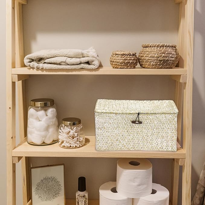 Hipiwe Seagrass Storage Basket Bins with Lid, Handwoven Wicker Shelf Baskets Bin Rectangular Household Basket Organizer Boxes for Shelf Closet Bedroom Home Decor, Whitewash Medium