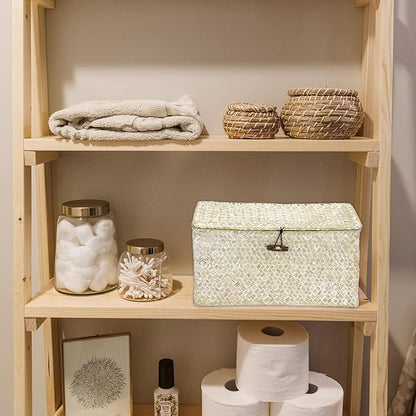 Hipiwe Seagrass Storage Basket Bins with Lid, Handwoven Wicker Shelf Baskets Bin Rectangular Household Basket Organizer Boxes for Shelf Closet Bedroom Home Decor, Whitewash Medium