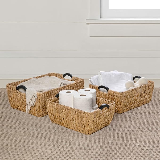 happimess BSK2020A-3SET Astor Bohemian Farmhouse Handwoven Water Hyacinth Nesting Storage Baskets with Wood Handles, Seagrass Containers for Decoration in Living Room, Bedroom, Natural (Set of 3)