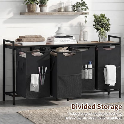 Heybly Laundry Hampers, 4 × 15Gal (228 L) Laundry Basket with Large Desktop Sorter for Laundry Room organization, Bathroom and Dorm Laundry Bags on Storage Shelf, Rustic Brown HLH004SR