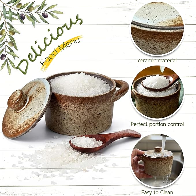 2 Pack Speckled Ceramic Salt Cellar with Lid – Rustic Farmhouse Ceramic Salt Holder, Countertop Bowl, Storage Container, Well Dish Jar for Spices (Retro Color)