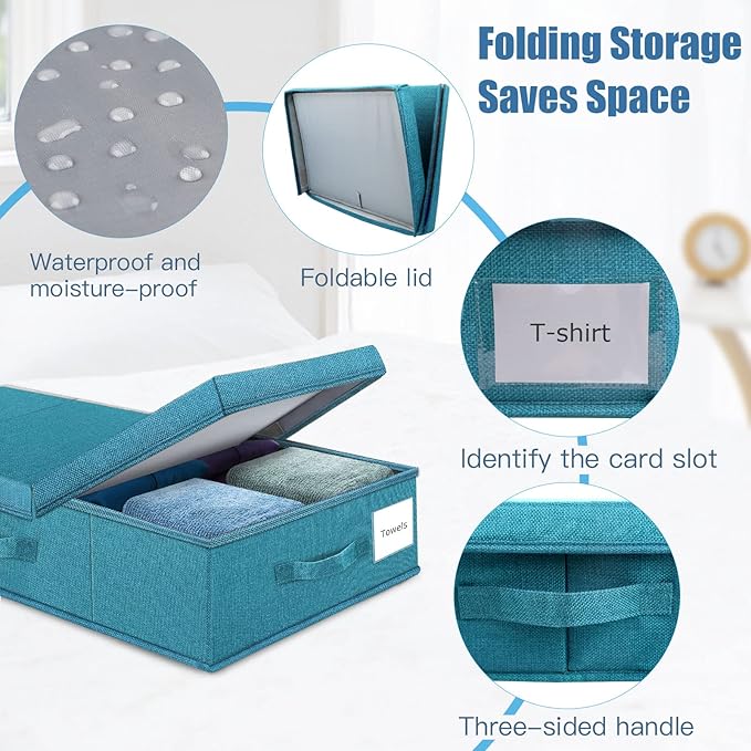 Supowin Underbed Storage Containers Bin with Lids (2pcs) Large Under Bed Storage Organizer Box with Handle, Foldable Under the Storage Bags for Organizing Clothes, Shoes, Blankets, Pillows-Cyan blue