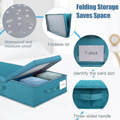 Supowin Underbed Storage Containers Bin with Lids (2pcs) Large Under Bed Storage Organizer Box with Handle, Foldable Under the Storage Bags for Organizing Clothes, Shoes, Blankets, Pillows-Cyan blue