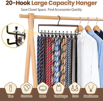 Tie Rack Hanger for Closet Upgraded 2-in-1 Tie and Belt Hanger Non Slip Tie Rack with 20 Hooks Tie Hanger Space Saving Wooden Belt Tie Organizer for Tank Tops Bras Cami Scarves, Walnut Color