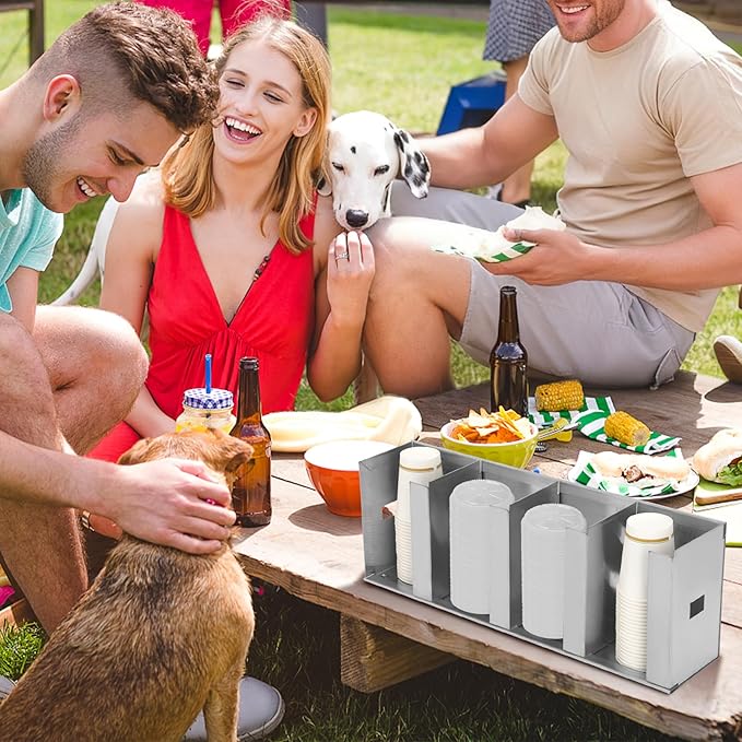 Adjustable Stainless Steel Cup & Lid Holder - 4 Compartments, 32 oz Cup Dispenser for Restaurant, Straw Organizer Commercial Cup Holder, 304 Stainless Steel Lid Dispenser
