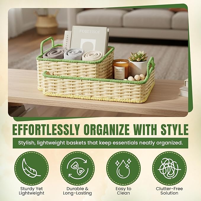 Scalloped Hyacinth Wicker Basket for Toy Storage | 3 Pack Woven Storage Baskets | Decorative Storage Baskets for Shelves | Rattan Baskets for Bedroom By NovaHeavensNest (Beige & Green Liner)