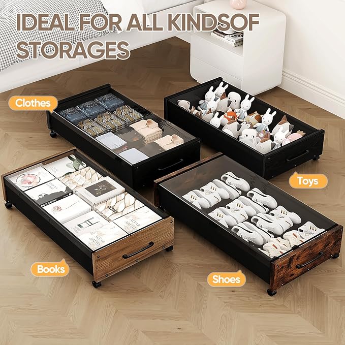 KITHELP Wooden Under Bed Storage with Wheels, Rolling Under the Bed Storage Bins with Removable Lid, Metal Under Bed Drawers for Clothes and Shoes in Bedroom or Living Room(Walnut Brown-1pack)