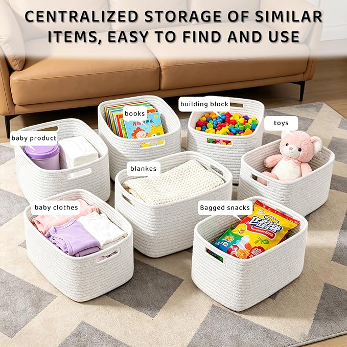 4 Pack Storage Baskets for Organizing, 12''Lx9''Wx8''H Woven Baskets for Storage Toys, Towels, Books, and Clothes, Cotton Rope Basket for Shelves with Handle White & Brown