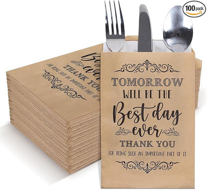 Whaline 100 Pcs Wedding Silverware Bags 5 x 7 Inch Rustic Wedding The Best Day Ever Kraft Wax Cutlery Bags Utensil Holders Reusable for Engagement Rehearsal Dinner Barbeque Banquet Supply