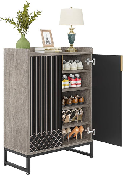LITTLE TREE Shoe Cabinet for Entryway, 5-Tier Shoe Cabinet with Doors, Modern Shoe Storage Cabinet, Gray Wooden Shoe Cabinets with Black Metal Legs for Living Room, Bedroom