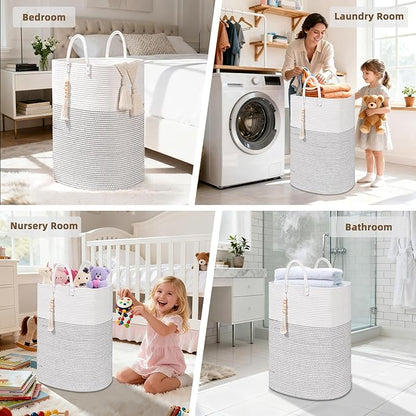 Woven Laundry Basket for Clothes, 100 L Large Rectangle Laundry Hampers with Beads Tassel, Nursery Storage Basket for Toys, Tall Dirty Clothes Hamper for Bedroom Aesthetic, Laundry Room Organization