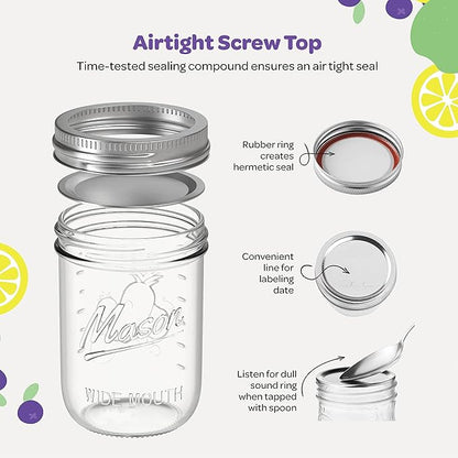 Wide Mouth Mason Jars 64 oz [3 Pack] With Mason Jar Lids and Bands, Mason Jars 64 oz - For Canning, Fermenting, Pickling - Jar Decor - Microwave/Freeze/Dishwasher Safe.