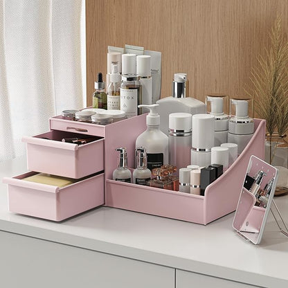 DancesCat Pink&2 Drawers Makeup Organizer Countertop, Vanity Organizer with 7 Compartments and 2 Drawers for Cosmetics, Skincare, Brushes, Perfume, Bathroom Counter Organizer