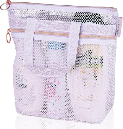 DV Lifestyle Mesh Shower Bag 10.2x9.9'' Quick-Dry Caddy with Zipper & 2 Pockets. Portable Toiletry Tote for Bathroom, Gym, Travel, Camp, Beach, for Sunscreen, Dorm & College Essentials (Light Gray)