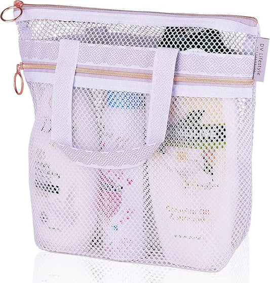 DV Lifestyle Mesh Shower Bag 10.2x9.9'' Quick-Dry Caddy with Zipper & 2 Pockets. Portable Toiletry Tote for Bathroom, Gym, Travel, Camp, Beach, for Sunscreen, Dorm & College Essentials (Light Gray)