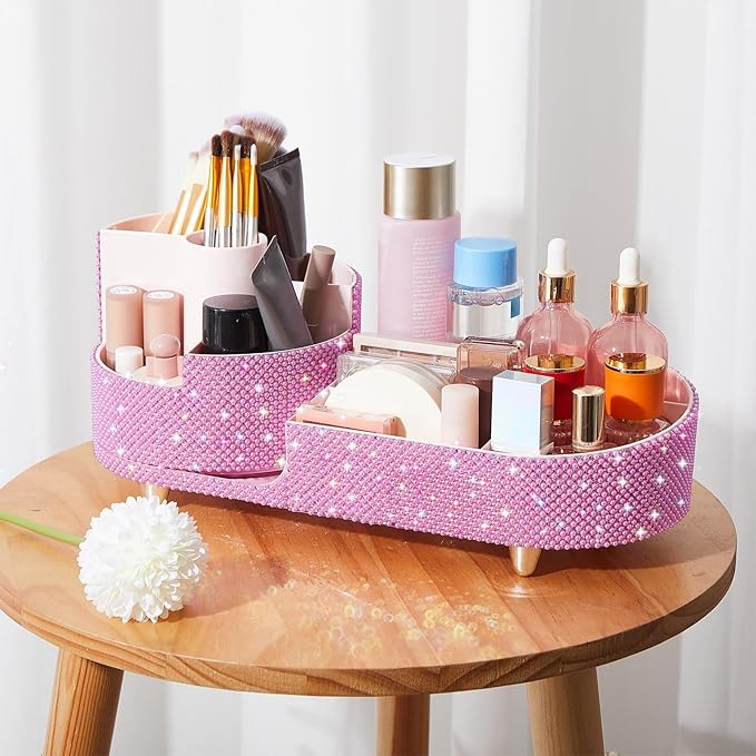Teen Girls Mother's Day 360 Rotating Bling Makeup Organizer Gift Rhinestone Diamond Bathroom Organizer Girly Skin Care Brush Holder for Countertop, Bathroom Essentials(Pink,Pearl)