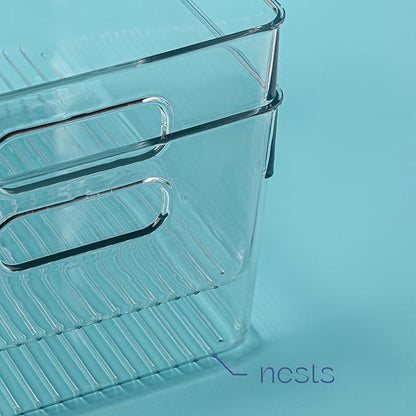 Plastic Food Storage 4 Pack Clear Container Bin with Handles for Organizing Kitchen, Pantry, Refrigerator, Freezer, Pantry, Cabinet, Closet, Bathroom. 10”x7.5”x5.3”