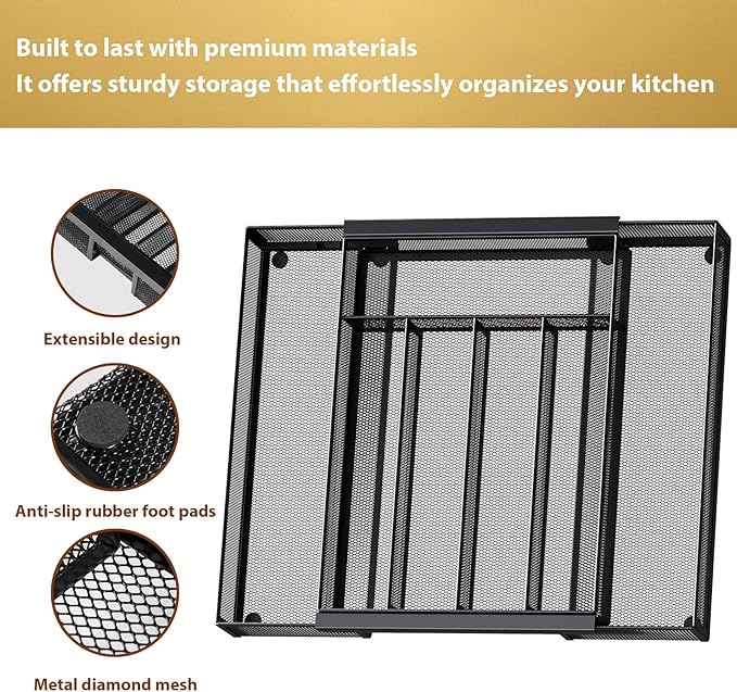 Sedegn Silverware Organizer Metal Mesh, Drawer Organizer, Utensil Cutlery Tray for kitchen drawers,Expandable Flatware Organizer with 7 Compartment Black 9.6"~16.1" x 13.8"