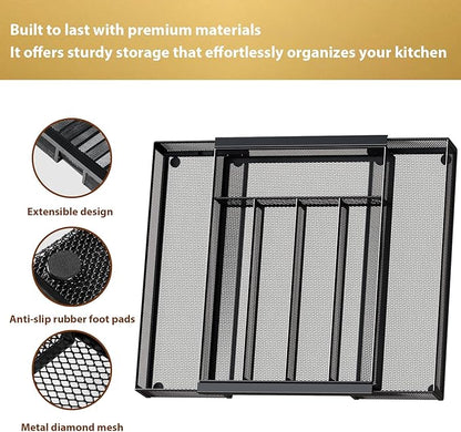 Sedegn Silverware Organizer Metal Mesh, Drawer Organizer, Utensil Cutlery Tray for kitchen drawers,Expandable Flatware Organizer with 7 Compartment Black 9.6"~16.1" x 13.8"