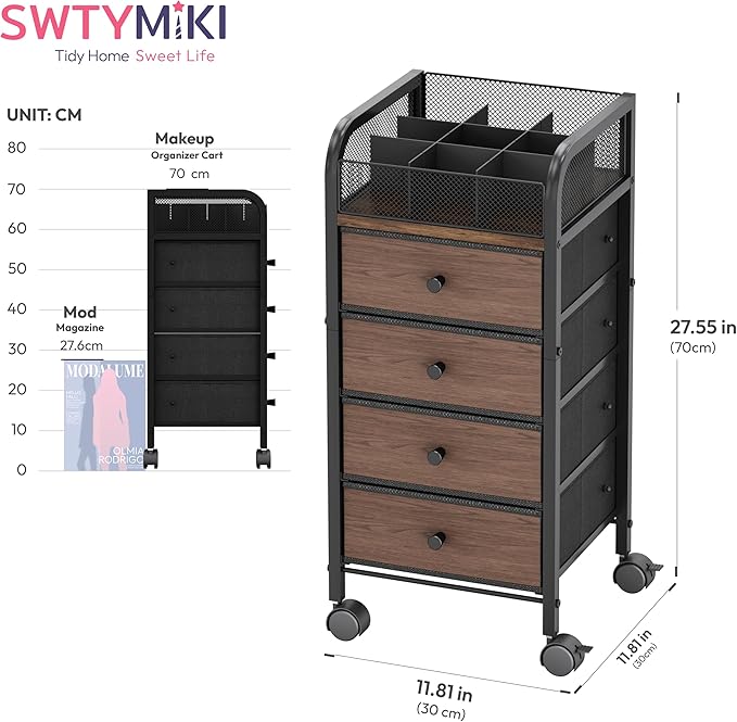 SWTYMIKI Rolling Makeup Organizer Cart - Under Desk Vanity Makeup Storage with 4 Non-woven Drawers, Nail Cart Organizer Cosmetic Display Cases Cabinet for Skin Care Perfume Nail Polish Brush Hair Tool