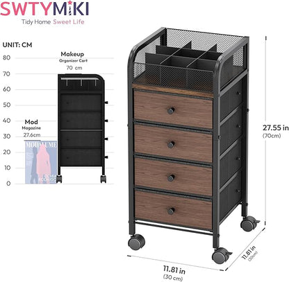 SWTYMIKI Rolling Makeup Organizer Cart - Under Desk Vanity Makeup Storage with 4 Non-woven Drawers, Nail Cart Organizer Cosmetic Display Cases Cabinet for Skin Care Perfume Nail Polish Brush Hair Tool