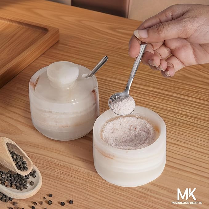Salt Cellar with Lid and Spoon 3" Inch White Onyx Salt and Pepper Dish, Marble Sugar and Salt Bowls, Ideal for Easter Table Decor and Kitchen Countertop Storage