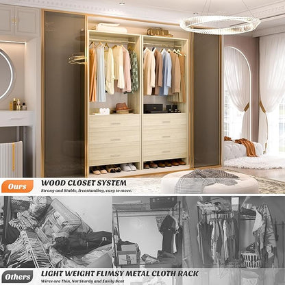 Aheaplus 2FT Closet System with 3 Drawers, 24’’ Closets Organizer, Wood Closet Organizer System, Walk-in Closets or Small Wardrobe, Clothes Rack with Hanging Rods, White Oak