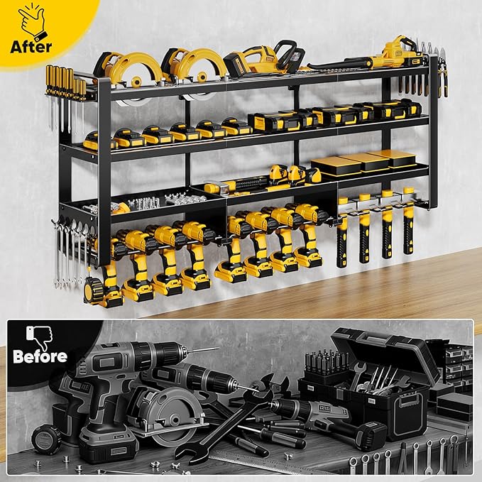 POKIPO 49" W Large Power Tool Organizer Wall Mount, 4 Layer Heavy Duty Loads 800 lbs, Tool Storage Rack Holds 12 Cordless Drills, Large Capacity Battery Holder for Garage, Gift for Men
