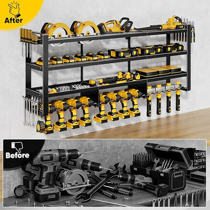 POKIPO 49" W Large Power Tool Organizer Wall Mount, 4 Layer Heavy Duty Loads 800 lbs, Tool Storage Rack Holds 12 Cordless Drills, Large Capacity Battery Holder for Garage, Gift for Men