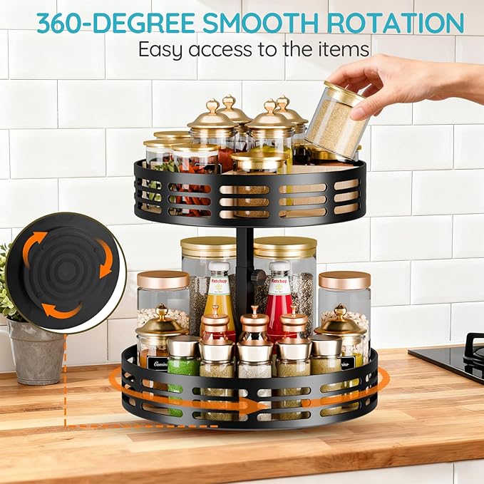 2 Tier Lazy Susan Organizer - 360° Rotating Spice Rack, Adjustable Industrial Spinning Spice Holder, Versatile Countertop Organizer for Cabinet, Pantry, Kitchen, Dining Table, Bathroom and Vanity