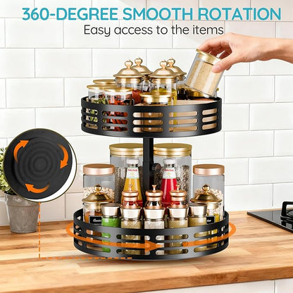 2 Tier Lazy Susan Organizer - 360° Rotating Spice Rack, Adjustable Industrial Spinning Spice Holder, Versatile Countertop Organizer for Cabinet, Pantry, Kitchen, Dining Table, Bathroom and Vanity