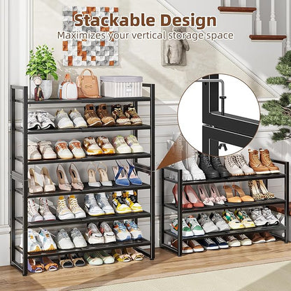 Simple Trending 3-Tier Expandable Shoe Rack, Adjustable & Stackable Shoe Organizer, Metal Mesh Free Standing Shoe Shelf Storage for Closet Entryway Doorway, Black
