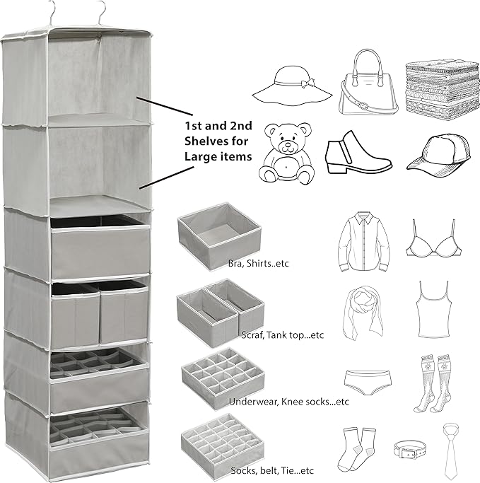 Simple Houseware 6 Shelf Hanging Closet Organizer with 5 Drawers Storage, Gray
