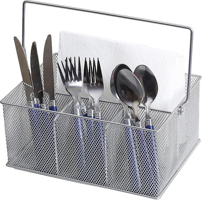 YBM HOME Mesh Silver Condiment Caddy/Kitchen Supply, Utensil, Silverware Organizer Cutlery Holder Flatware Storage Napkin Holder (Silver, 24)