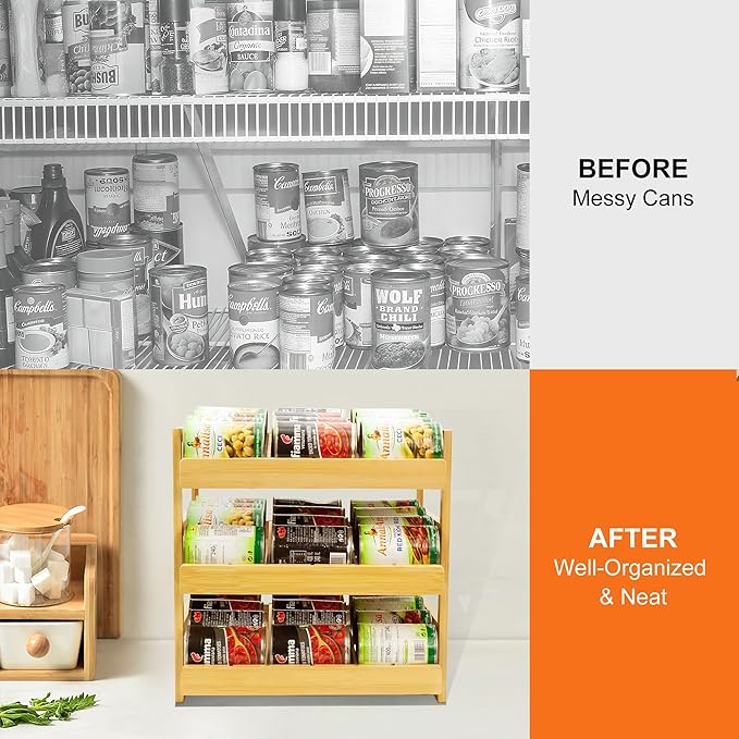 MinBoo Bamboo Can Organizer for Pantry - Stackable Can Dispensers for 36 Cans, Canned Food Storage, Pantry Shelf, Kitchen Cabinet or Countertop
