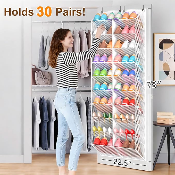 UVIAHOMI 20-30 Pairs Over the Door Shoe Organizer, Breathable Pocket Hanging Shoe Storage for Closet, 10-Tier Door Shoes Rack, Handing Shoes Holder Fit All the Family's Sneakers, Boots, Heels, White