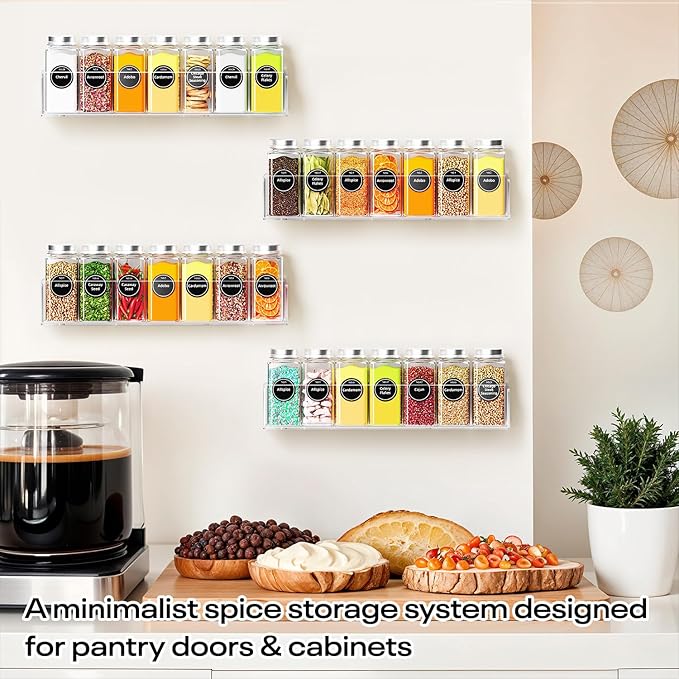 Wall Mounted Acrylic Spice Rack 4 Pack, 9 Inch Clear Pantry Door Organizer, Floating Spice Organizer, Adhesive or Screw Mounted Cabinet Seasoning Shelf